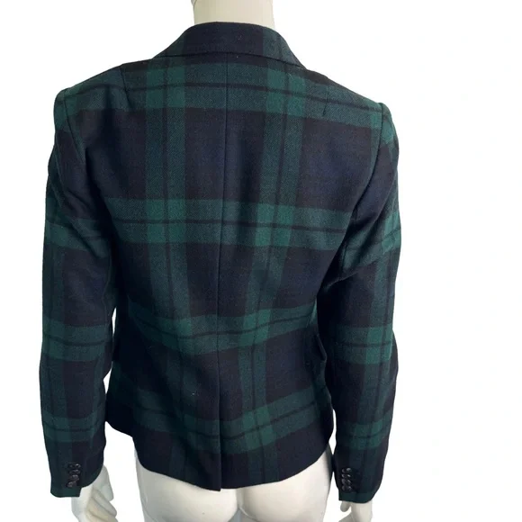 Banana Republic Green Navy Plaid Wool Blazer | Cropped Fit 4P Petite - Picture 2 of 6